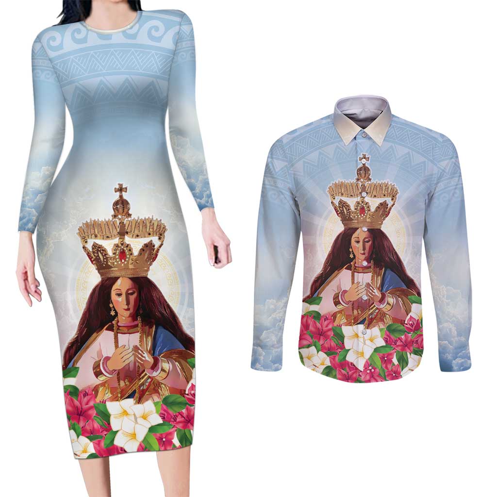 Guam Patroness Couples Matching Long Sleeve Bodycon Dress and Long Sleeve Button Shirt The Legend Santa Marian Kamalen LT05 Blue - Polynesian Pride