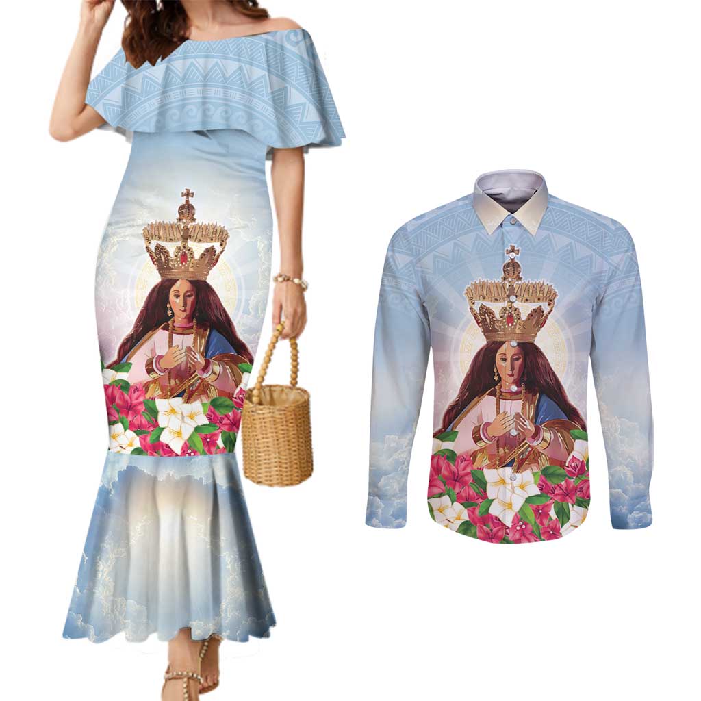 Guam Patroness Couples Matching Mermaid Dress and Long Sleeve Button Shirt The Legend Santa Marian Kamalen