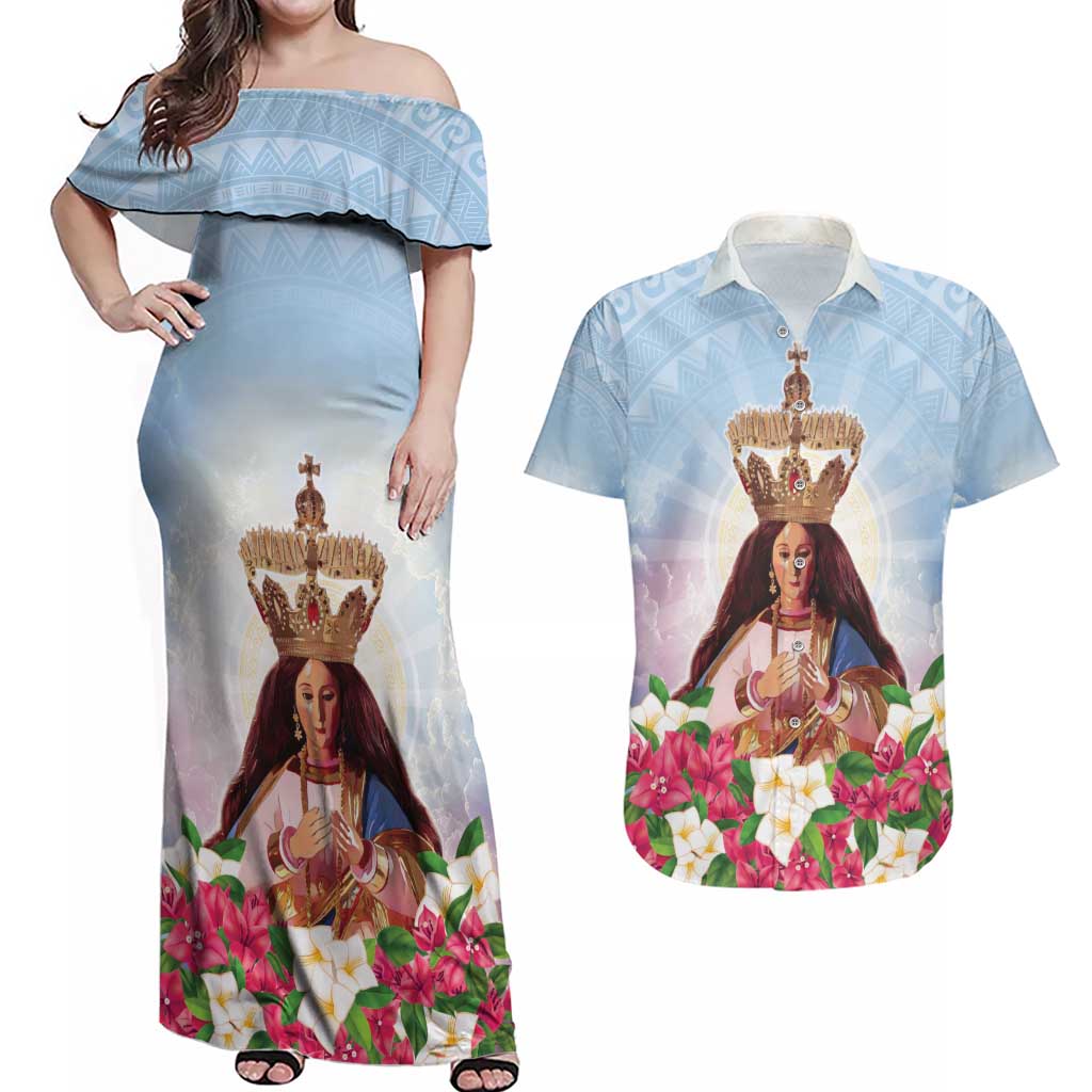 Guam Patroness Couples Matching Off Shoulder Maxi Dress and Hawaiian Shirt The Legend Santa Marian Kamalen