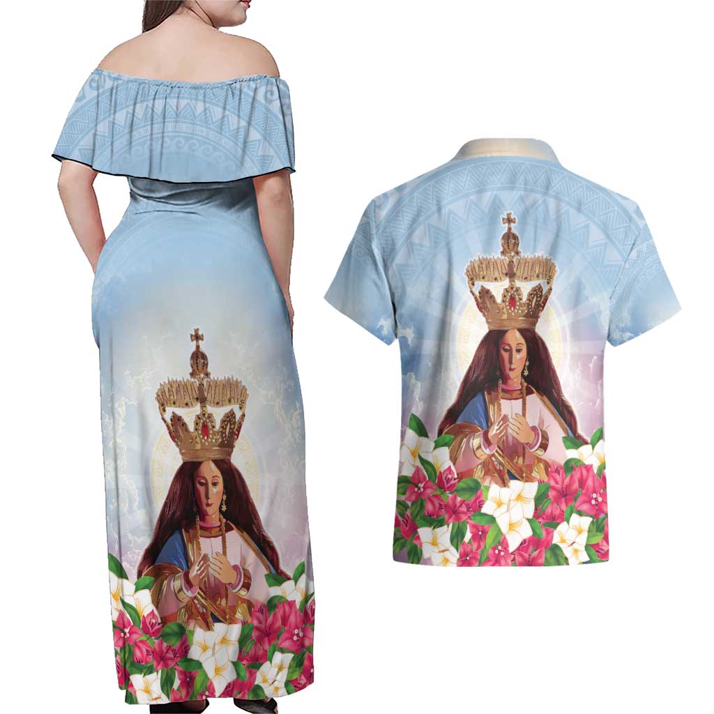 Guam Patroness Couples Matching Off Shoulder Maxi Dress and Hawaiian Shirt The Legend Santa Marian Kamalen