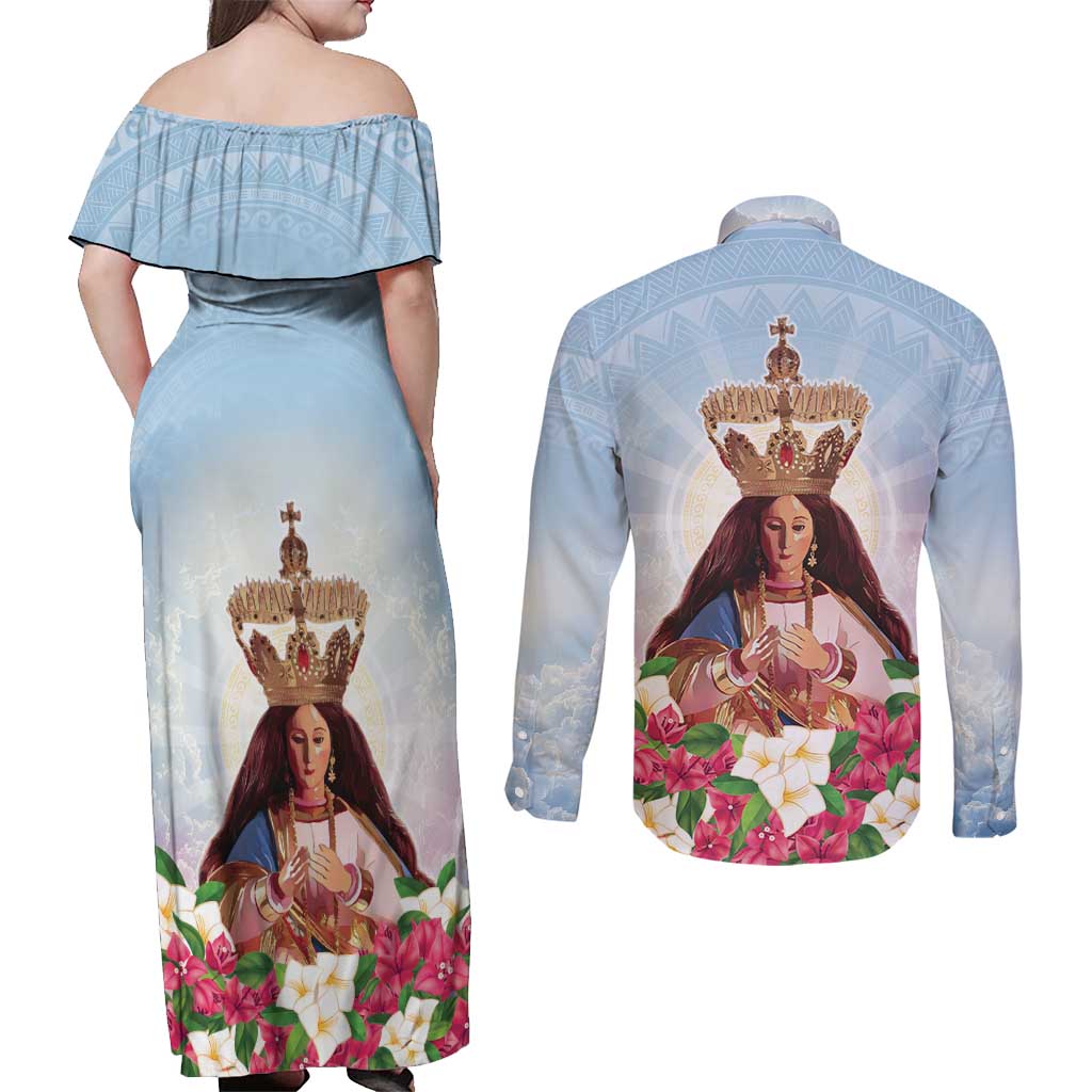 Guam Patroness Couples Matching Off Shoulder Maxi Dress and Long Sleeve Button Shirt The Legend Santa Marian Kamalen