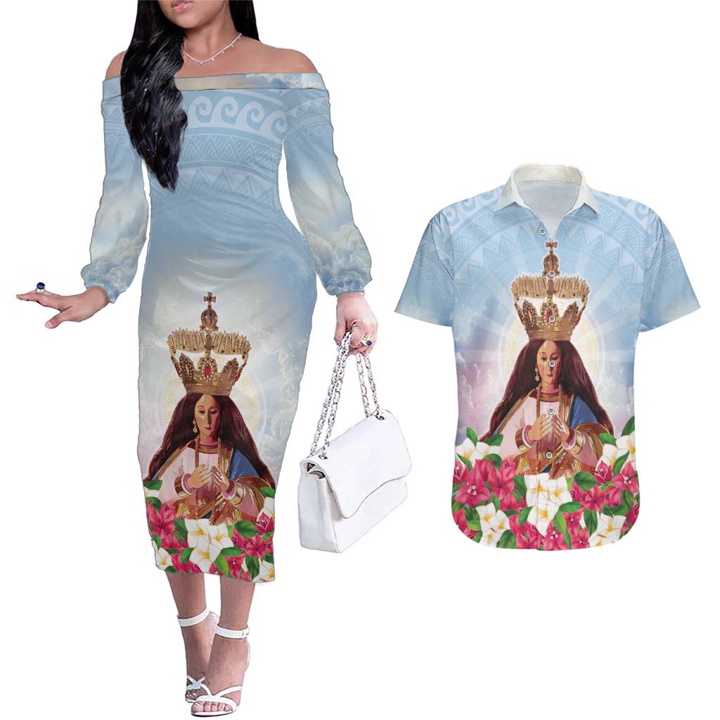 Guam Patroness Couples Matching Off The Shoulder Long Sleeve Dress and Hawaiian Shirt The Legend Santa Marian Kamalen LT05 Blue - Polynesian Pride