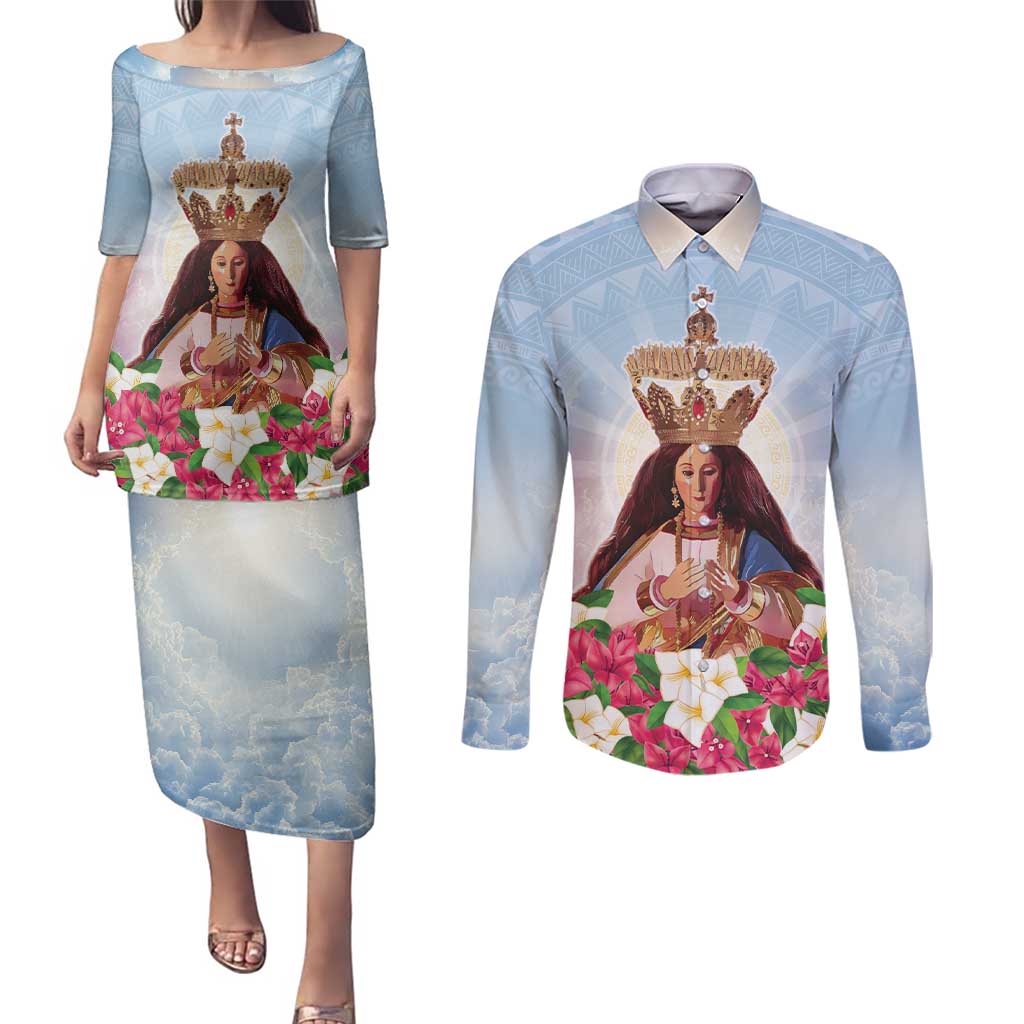 Guam Patroness Couples Matching Puletasi and Long Sleeve Button Shirt The Legend Santa Marian Kamalen