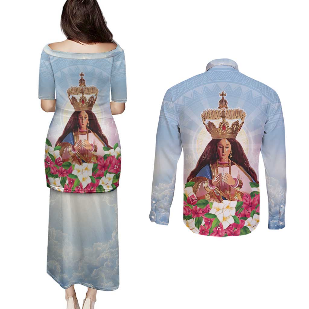Guam Patroness Couples Matching Puletasi and Long Sleeve Button Shirt The Legend Santa Marian Kamalen LT05 - Polynesian Pride
