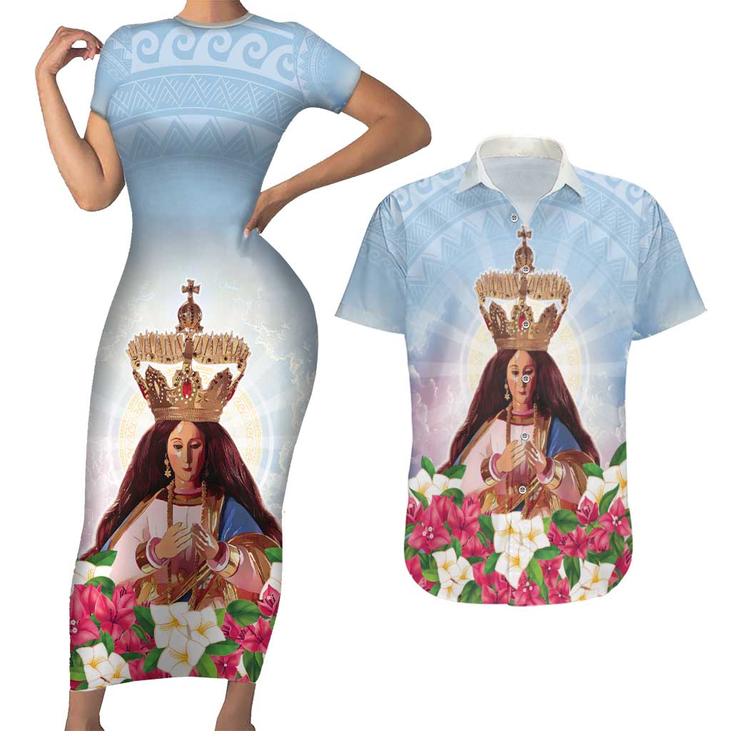 Guam Patroness Couples Matching Short Sleeve Bodycon Dress and Hawaiian Shirt The Legend Santa Marian Kamalen