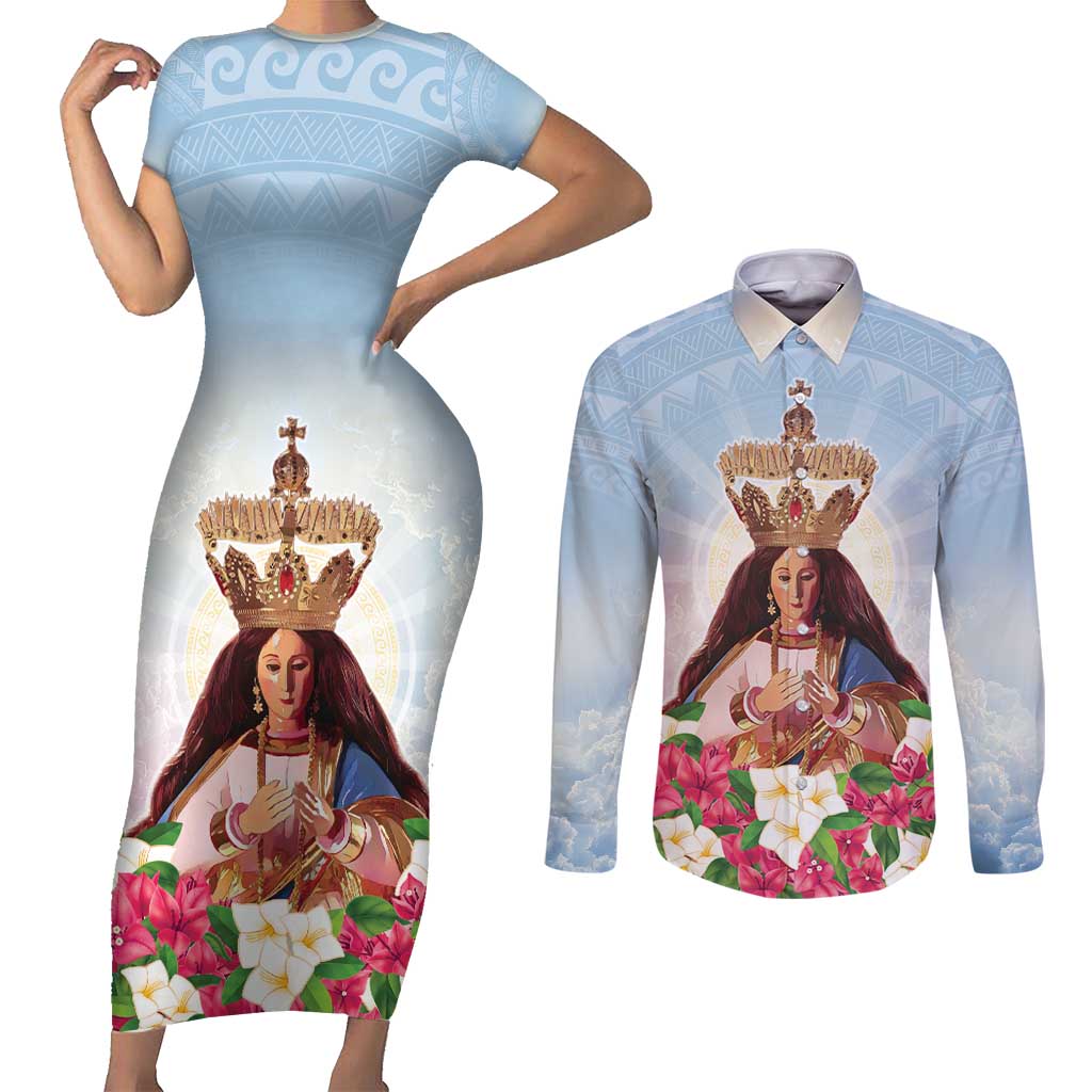 Guam Patroness Couples Matching Short Sleeve Bodycon Dress and Long Sleeve Button Shirt The Legend Santa Marian Kamalen LT05 Blue - Polynesian Pride