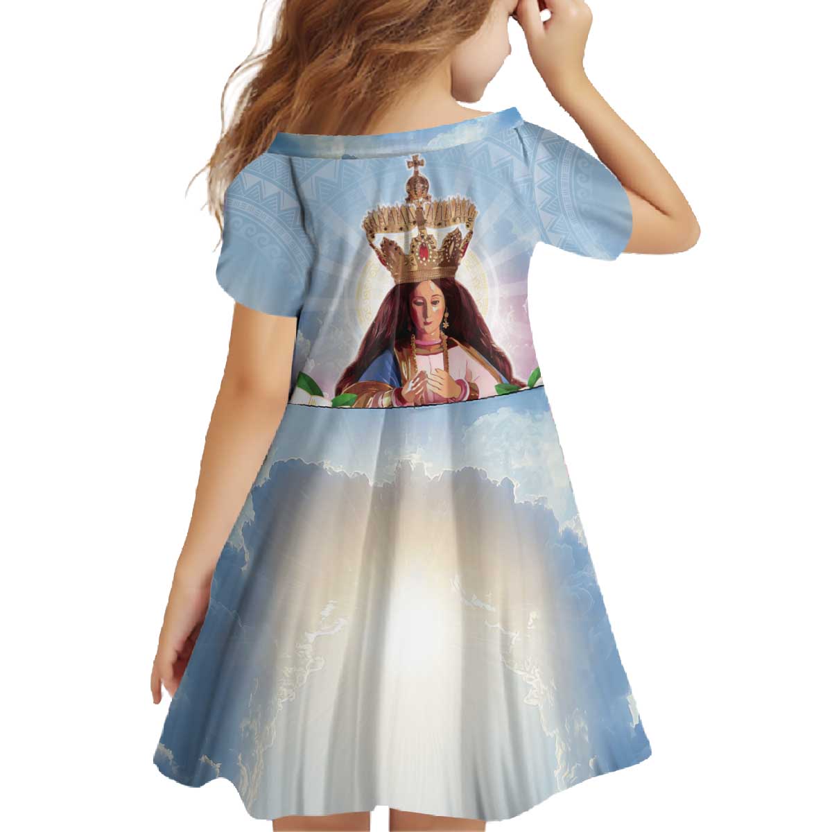 Guam Patroness Family Matching Off The Shoulder Long Sleeve Dress and Hawaiian Shirt The Legend Santa Marian Kamalen