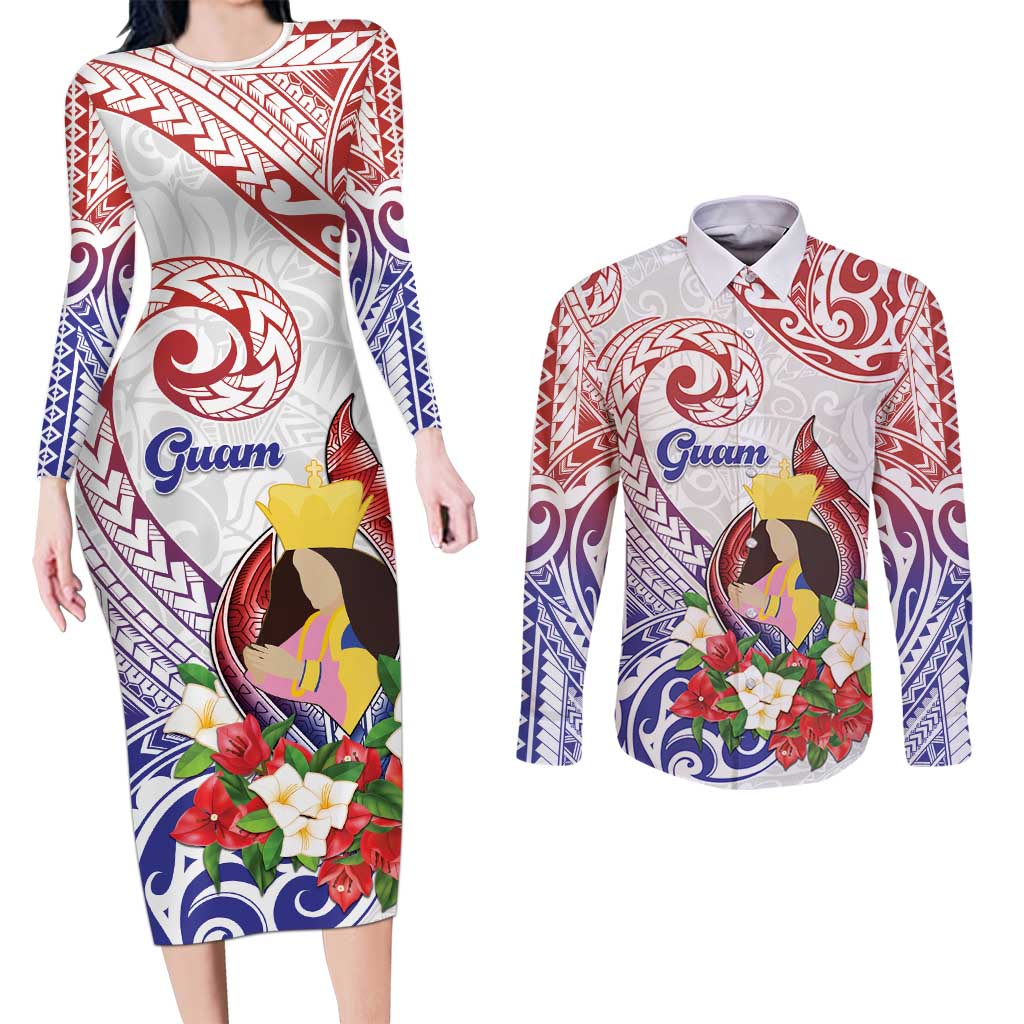 Happy Guam Santa Marian Kamalen Day Couples Matching Long Sleeve Bodycon Dress and Long Sleeve Button Shirt