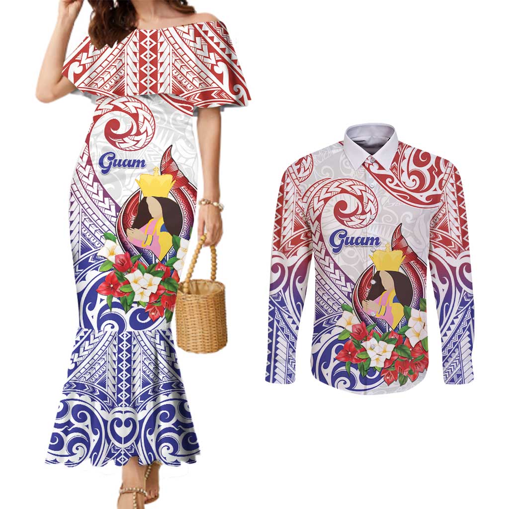 Happy Guam Santa Marian Kamalen Day Couples Matching Mermaid Dress and Long Sleeve Button Shirt LT05 White - Polynesian Pride
