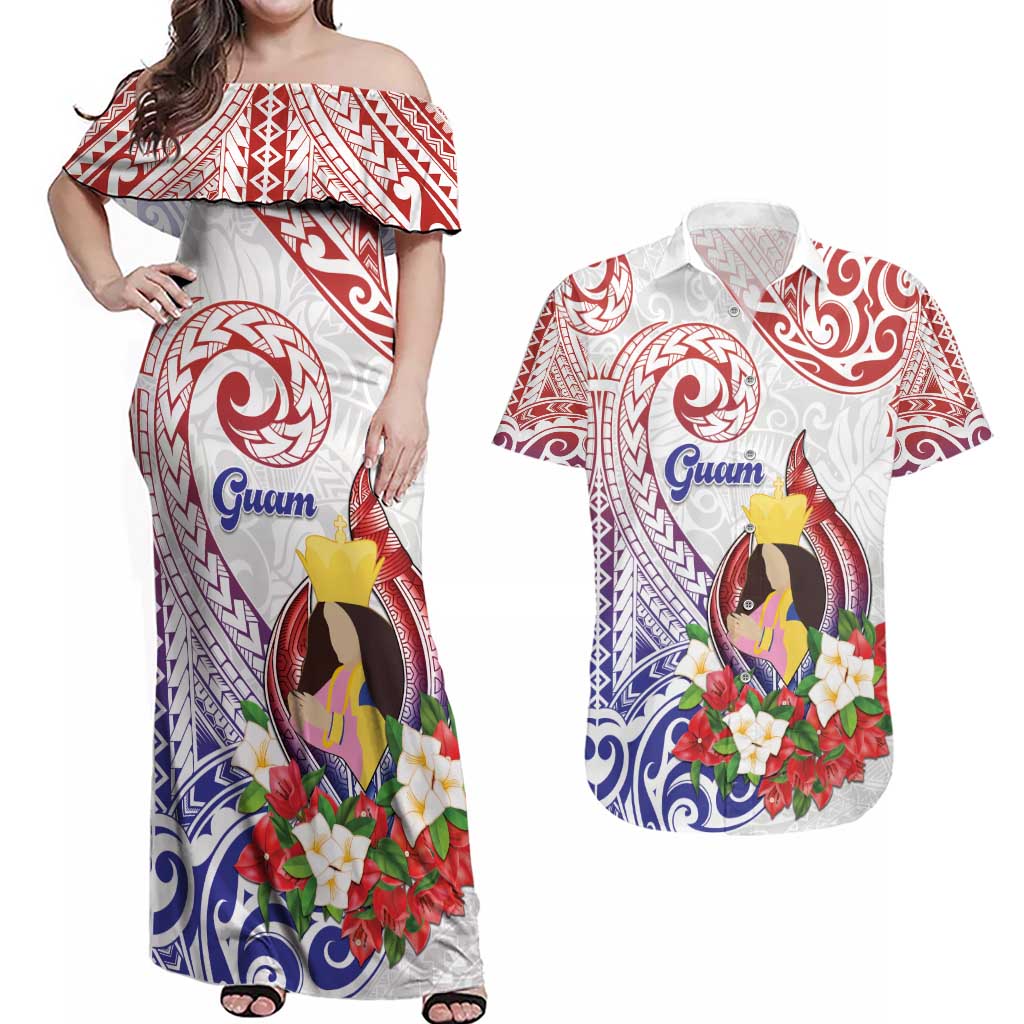 Happy Guam Santa Marian Kamalen Day Couples Matching Off Shoulder Maxi Dress and Hawaiian Shirt