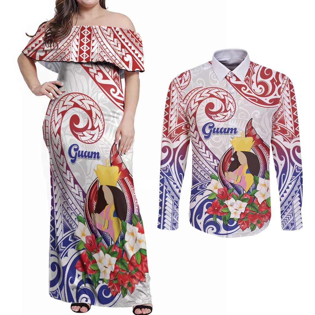 Happy Guam Santa Marian Kamalen Day Couples Matching Off Shoulder Maxi Dress and Long Sleeve Button Shirt