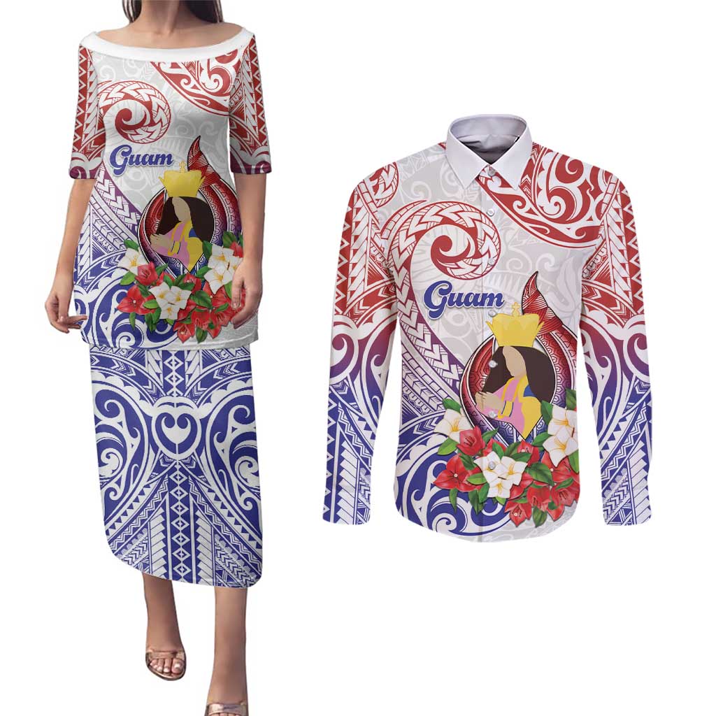Happy Guam Santa Marian Kamalen Day Couples Matching Puletasi and Long Sleeve Button Shirt LT05 White - Polynesian Pride