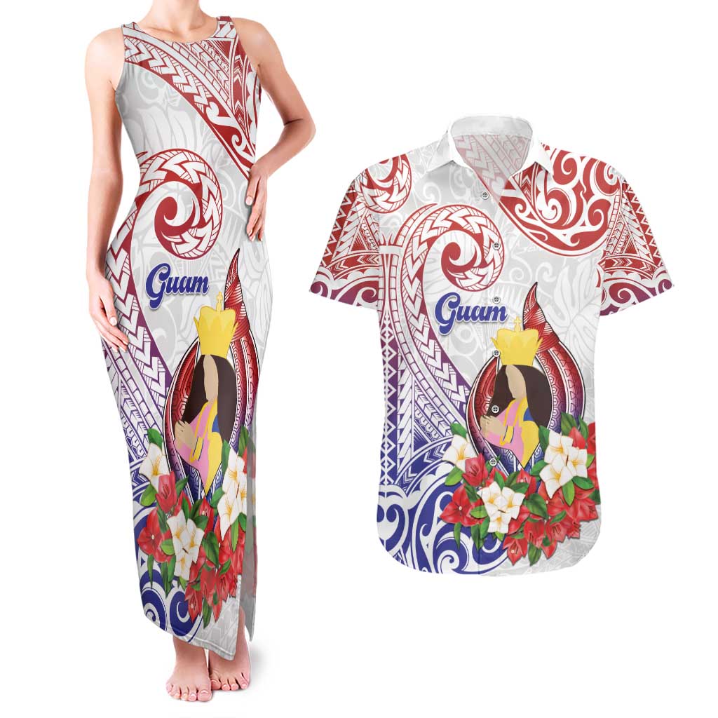 Happy Guam Santa Marian Kamalen Day Couples Matching Tank Maxi Dress and Hawaiian Shirt LT05 White - Polynesian Pride