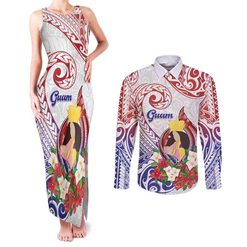 Happy Guam Santa Marian Kamalen Day Couples Matching Tank Maxi Dress and Long Sleeve Button Shirt LT05 White - Polynesian Pride