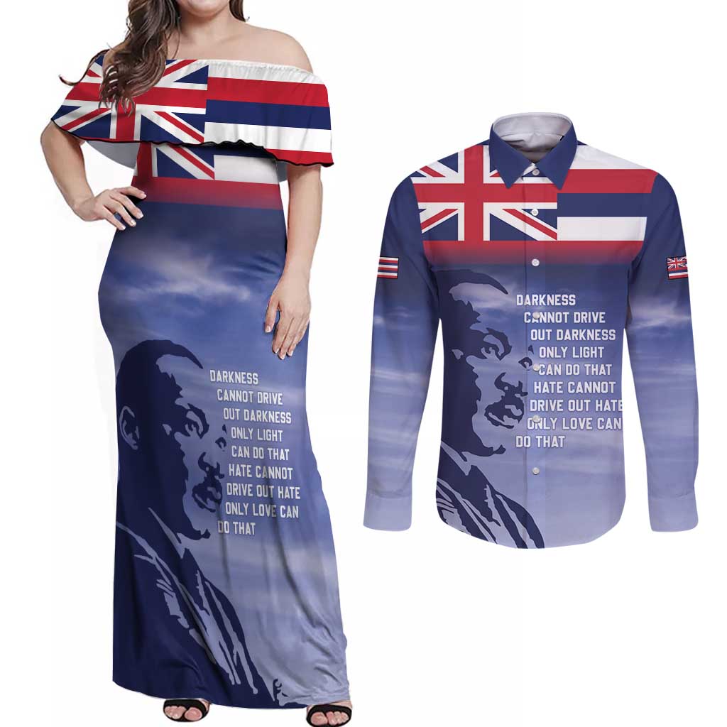 Hawaii MLK Day Couples Matching Off Shoulder Maxi Dress and Long Sleeve Button Shirt LT05 Blue - Polynesian Pride