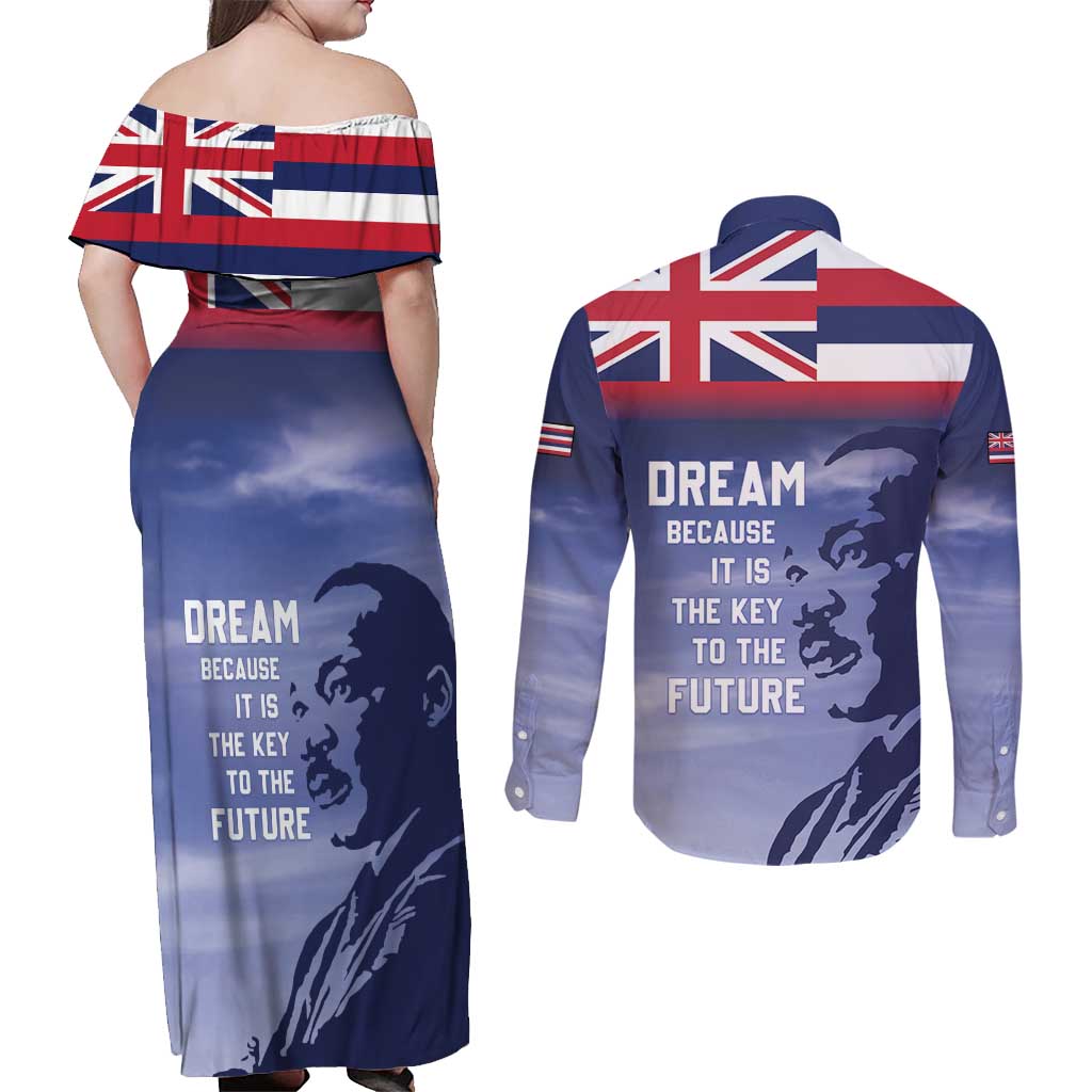 Hawaii MLK Day Couples Matching Off Shoulder Maxi Dress and Long Sleeve Button Shirt LT05 - Polynesian Pride
