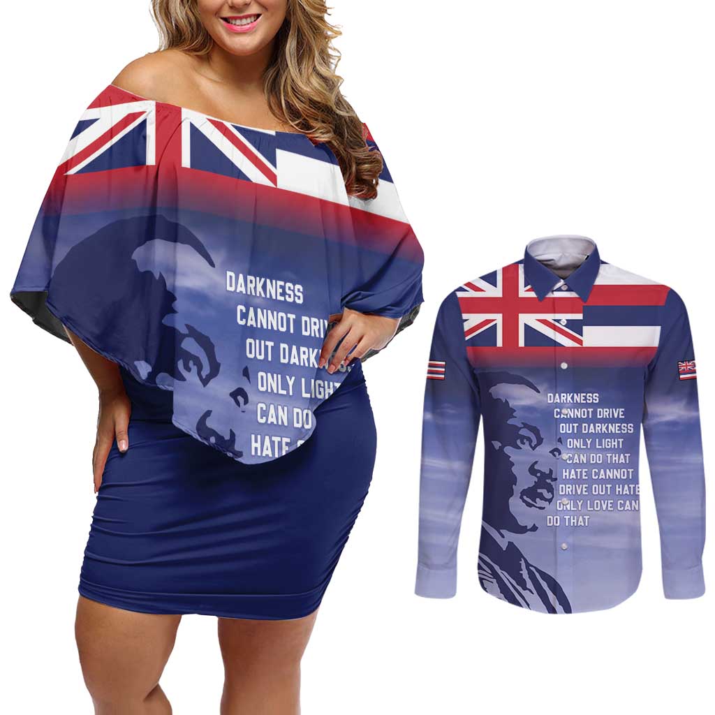 Hawaii MLK Day Couples Matching Off Shoulder Short Dress and Long Sleeve Button Shirt LT05 Blue - Polynesian Pride