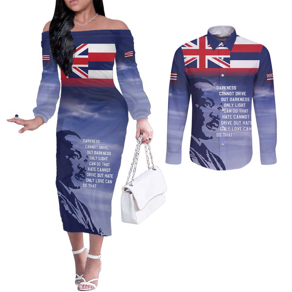 Hawaii MLK Day Couples Matching Off The Shoulder Long Sleeve Dress and Long Sleeve Button Shirt LT05 Blue - Polynesian Pride