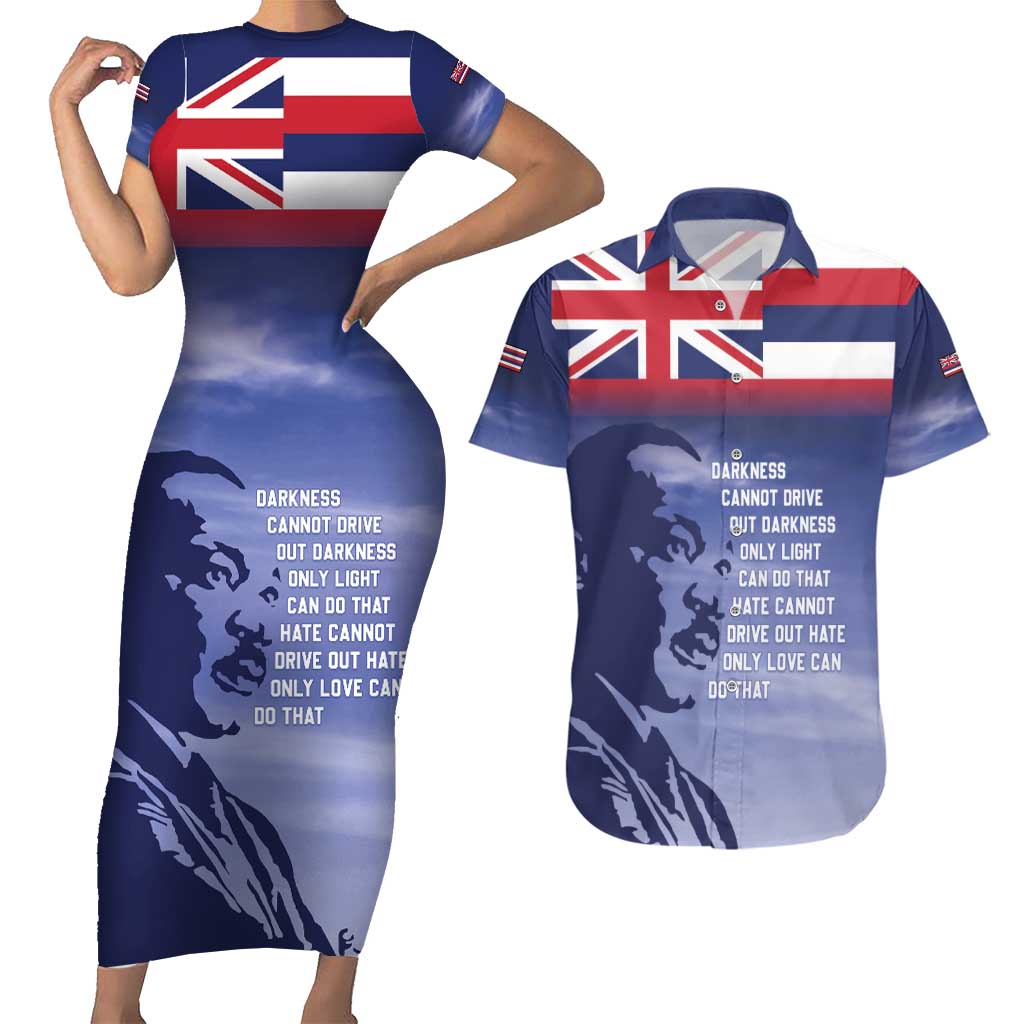 Hawaii MLK Day Couples Matching Short Sleeve Bodycon Dress and Hawaiian Shirt LT05 Blue - Polynesian Pride