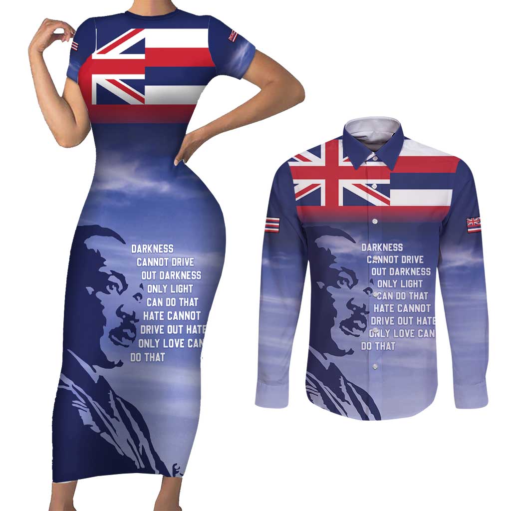 Hawaii MLK Day Couples Matching Short Sleeve Bodycon Dress and Long Sleeve Button Shirt LT05 Blue - Polynesian Pride