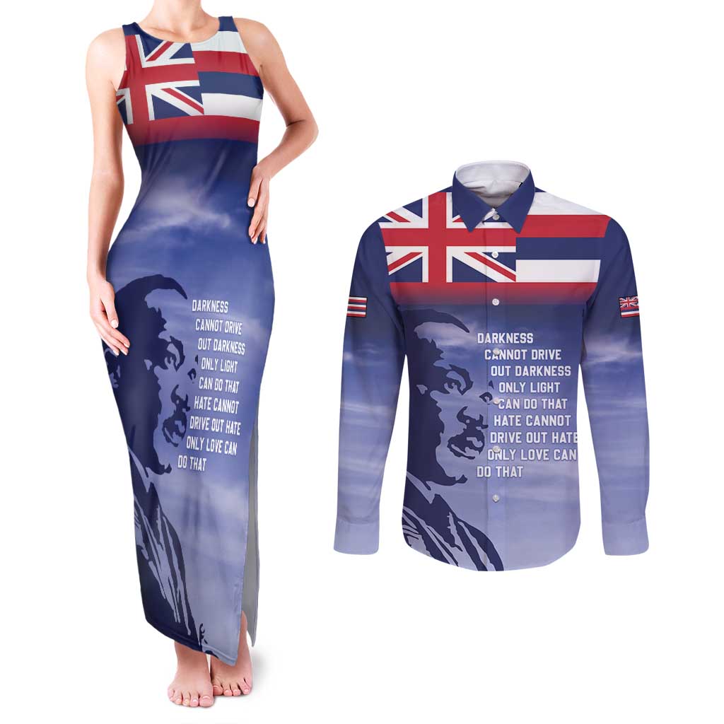 Hawaii MLK Day Couples Matching Tank Maxi Dress and Long Sleeve Button Shirt LT05 Blue - Polynesian Pride