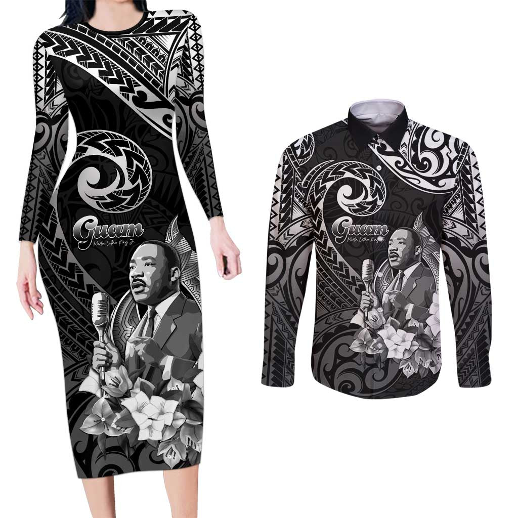 Guam MLK Day Couples Matching Long Sleeve Bodycon Dress and Long Sleeve Button Shirt The Legacy Of MLK LT05 Black - Polynesian Pride