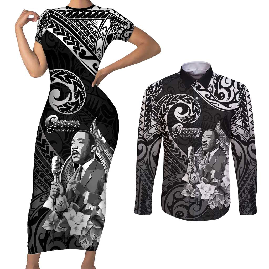 Guam MLK Day Couples Matching Short Sleeve Bodycon Dress and Long Sleeve Button Shirt The Legacy Of MLK LT05 Black - Polynesian Pride