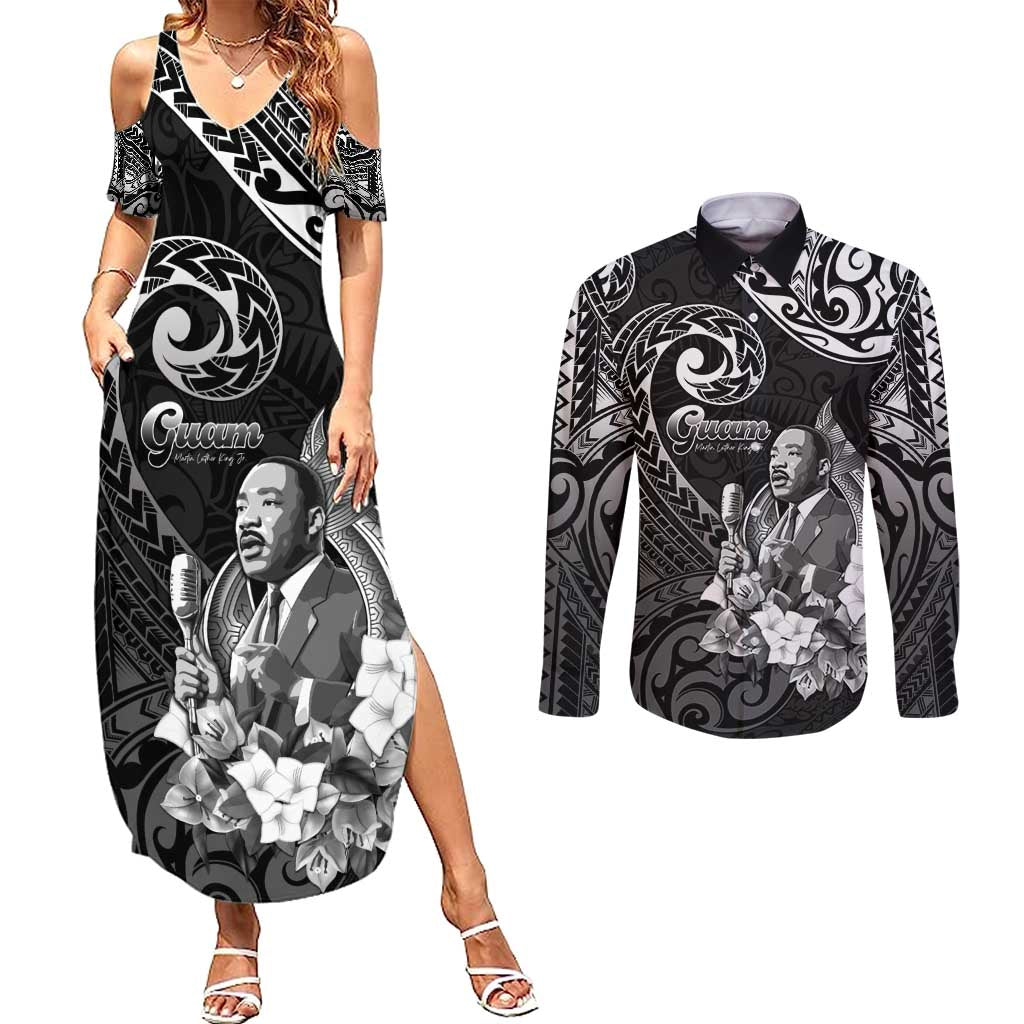 Guam MLK Day Couples Matching Summer Maxi Dress and Long Sleeve Button Shirt The Legacy Of MLK LT05 Black - Polynesian Pride