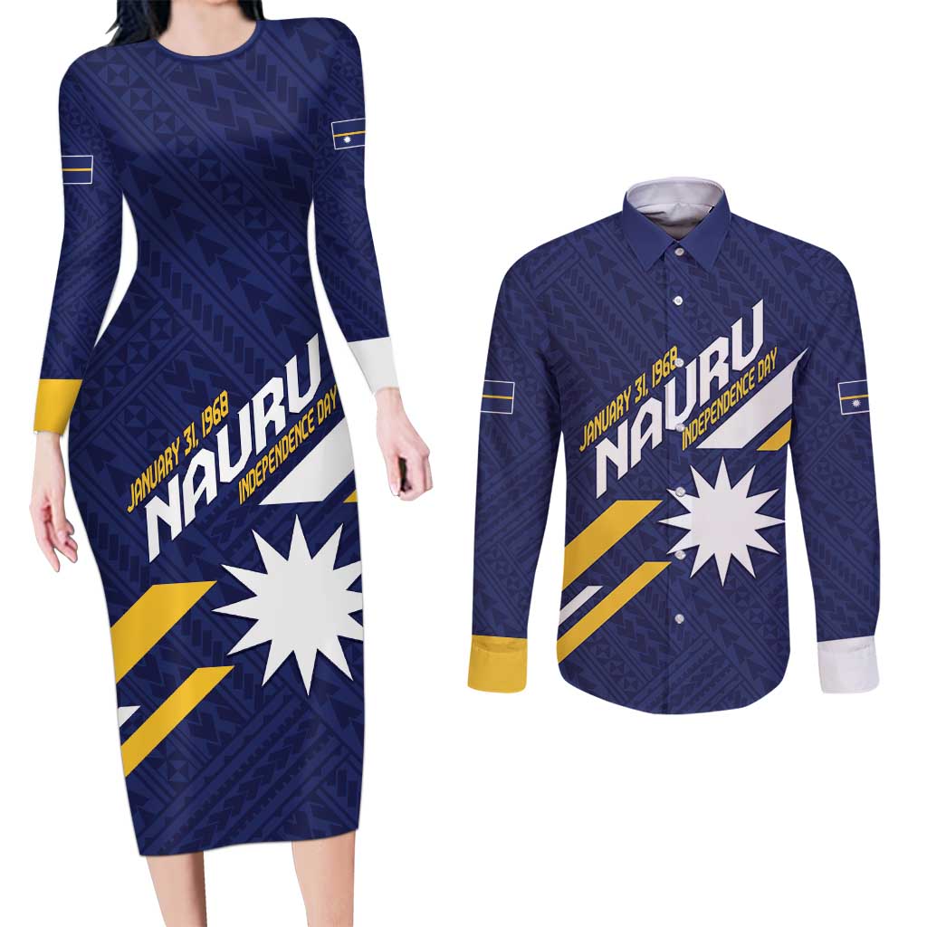 Personalised Happy Nauru Independence Day Couples Matching Long Sleeve Bodycon Dress and Long Sleeve Button Shirt Polynesian Pattern