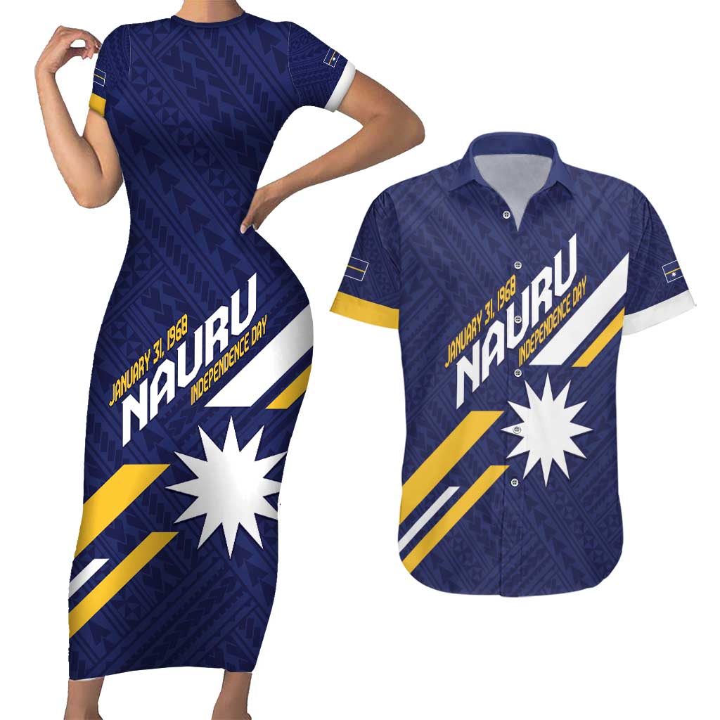 Personalised Happy Nauru Independence Day Couples Matching Short Sleeve Bodycon Dress and Hawaiian Shirt Polynesian Pattern