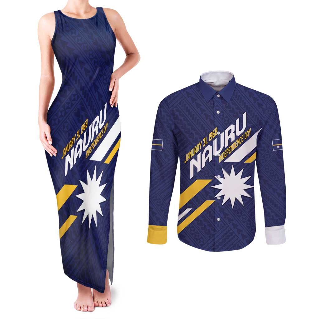 Personalised Happy Nauru Independence Day Couples Matching Tank Maxi Dress and Long Sleeve Button Shirt Polynesian Pattern