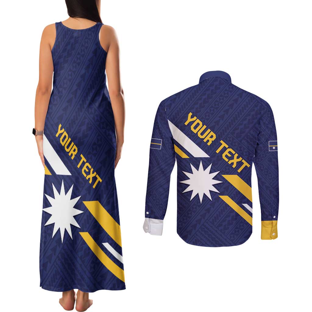Personalised Happy Nauru Independence Day Couples Matching Tank Maxi Dress and Long Sleeve Button Shirt Polynesian Pattern