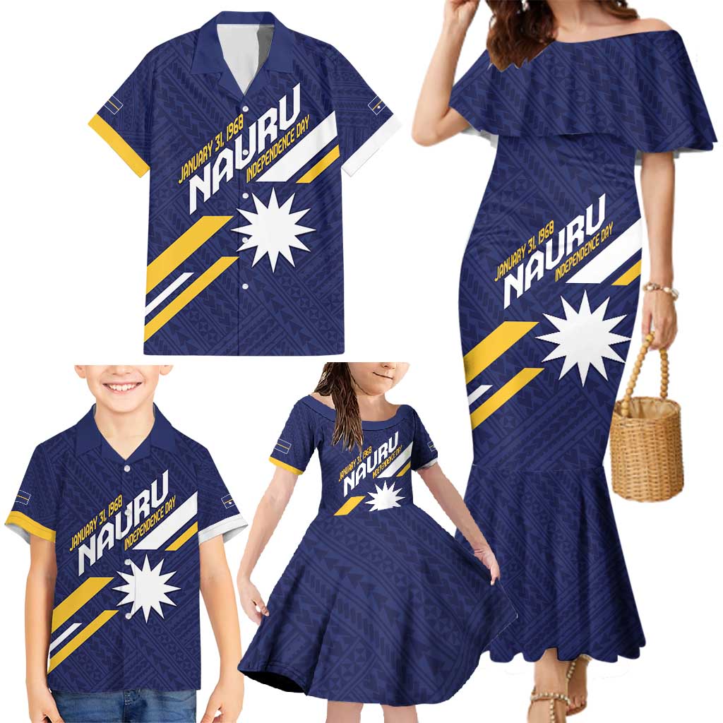 Personalised Happy Nauru Independence Day Family Matching Mermaid Dress and Hawaiian Shirt Polynesian Pattern