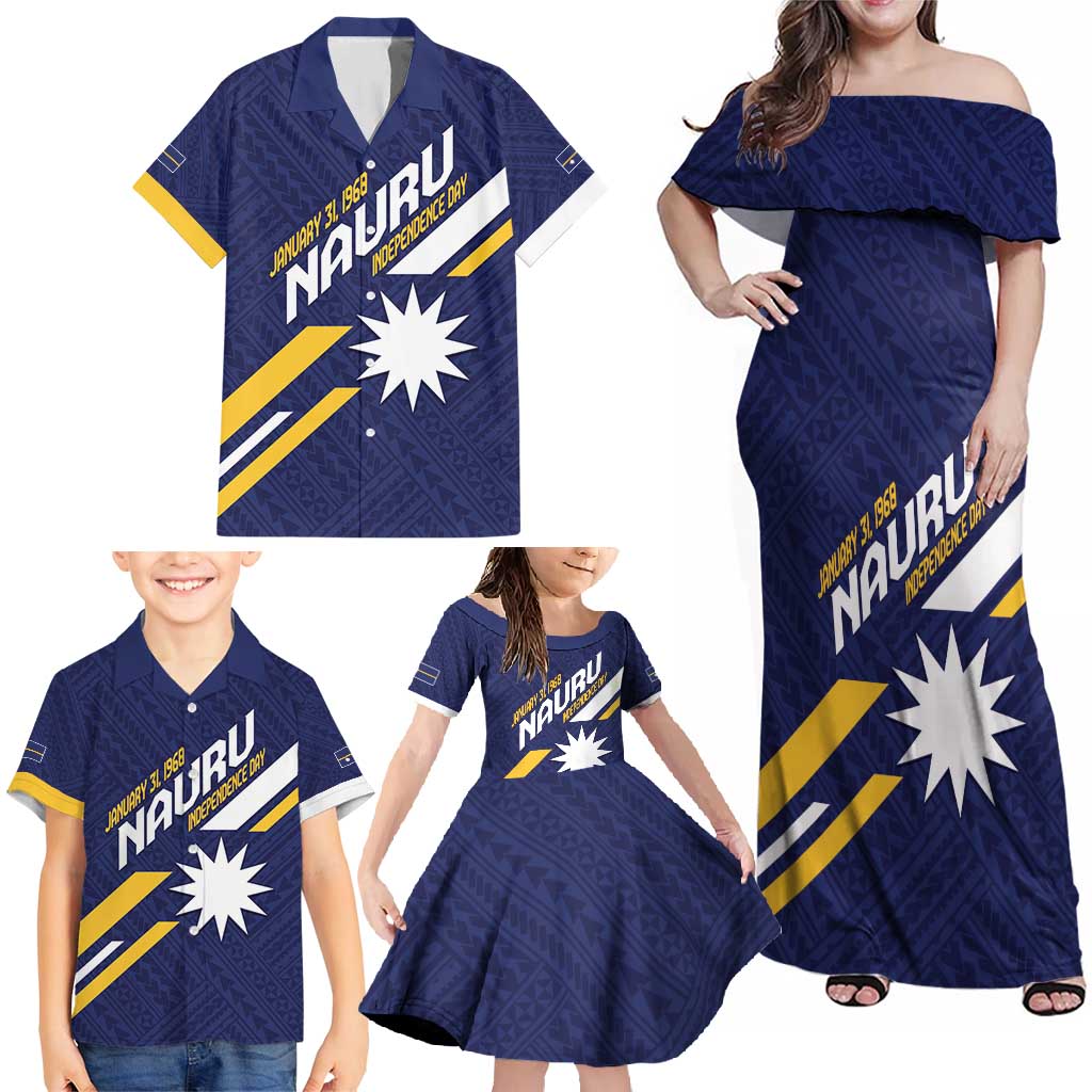 Personalised Happy Nauru Independence Day Family Matching Off Shoulder Maxi Dress and Hawaiian Shirt Polynesian Pattern