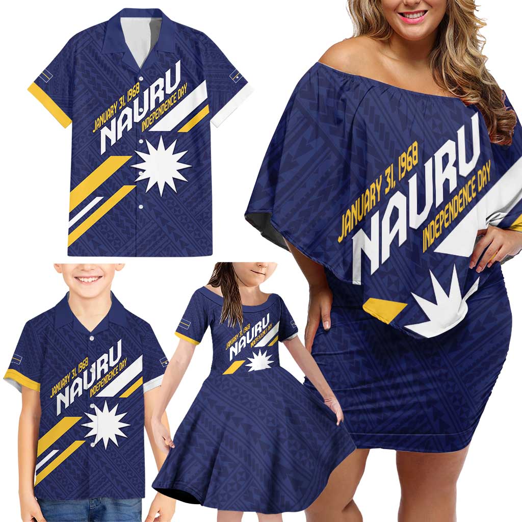 Personalised Happy Nauru Independence Day Family Matching Off Shoulder Short Dress and Hawaiian Shirt Polynesian Pattern