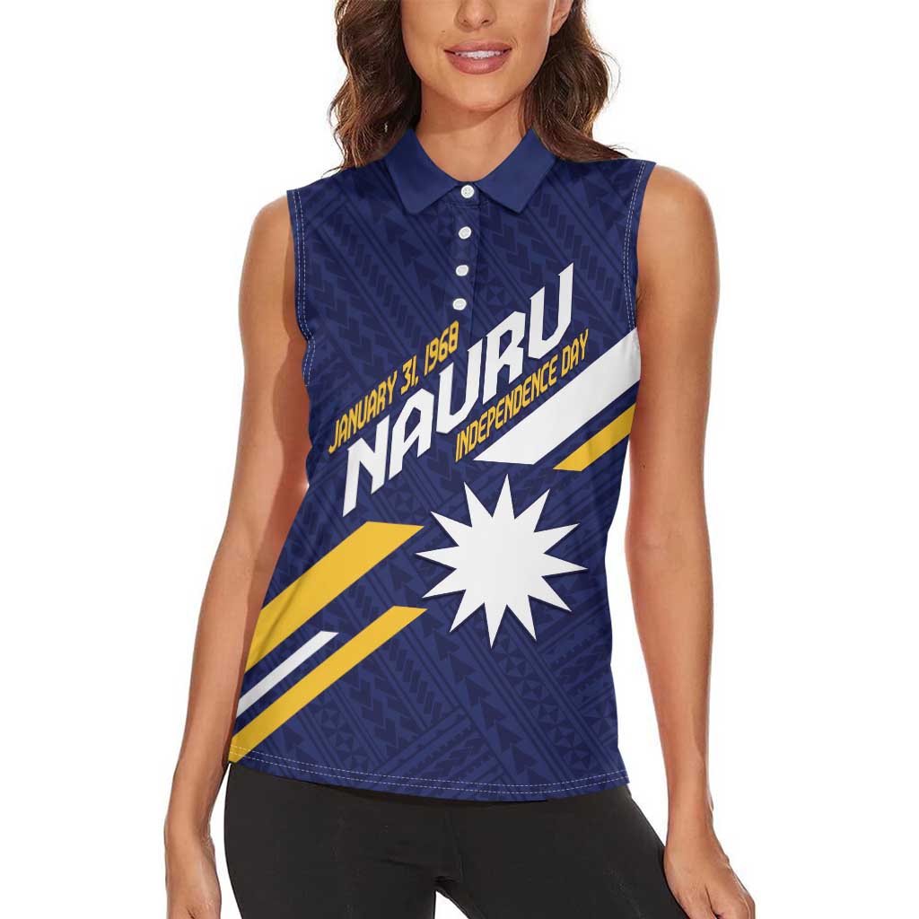 Personalised Happy Nauru Independence Day Women Sleeveless Polo Shirt Polynesian Pattern