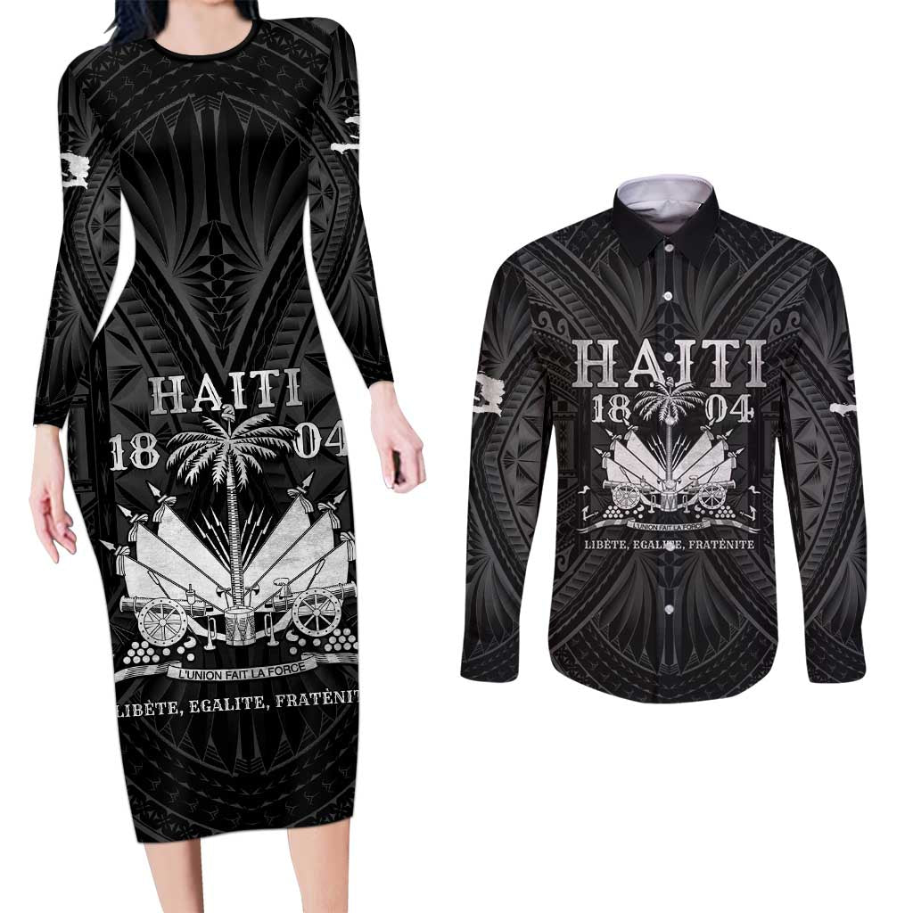 Haiti 1804 Couples Matching Long Sleeve Bodycon Dress and Long Sleeve Button Shirt Polynesian Silver Neg Maron LT05 Silver - Polynesian Pride