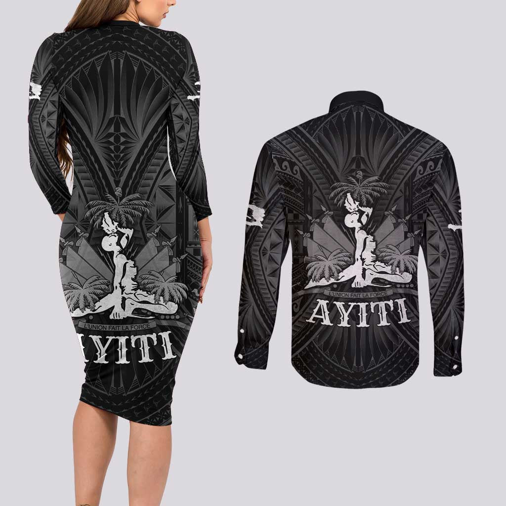 Haiti 1804 Couples Matching Long Sleeve Bodycon Dress and Long Sleeve Button Shirt Polynesian Silver Neg Maron LT05 - Polynesian Pride