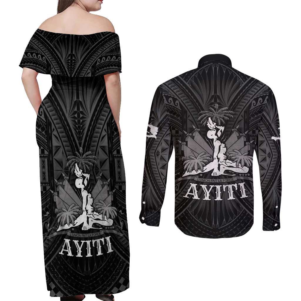 Haiti 1804 Couples Matching Off Shoulder Maxi Dress and Long Sleeve Button Shirt Polynesian Silver Neg Maron LT05 - Polynesian Pride