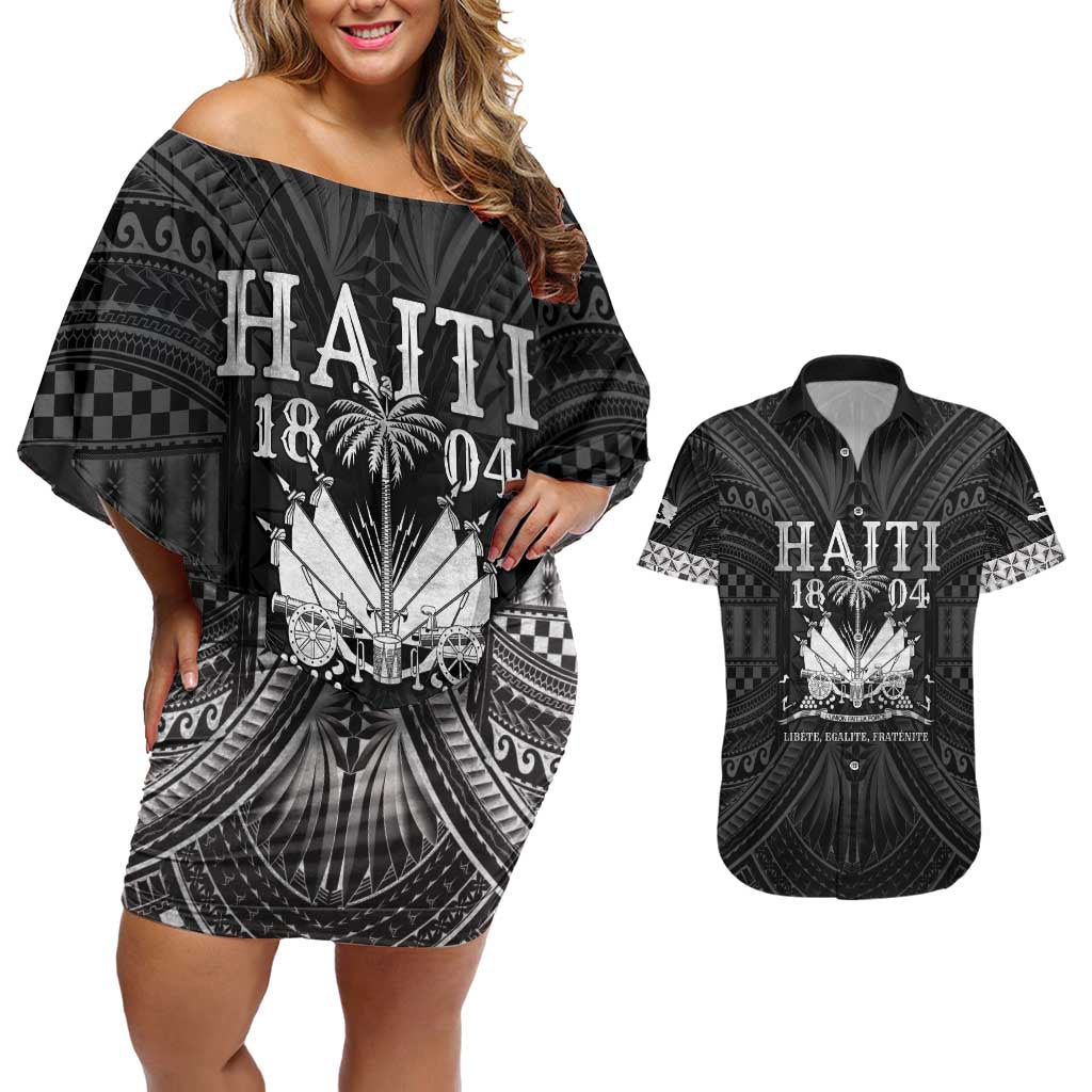 Haiti 1804 Couples Matching Off Shoulder Short Dress and Hawaiian Shirt Polynesian Silver Neg Maron LT05 Silver - Polynesian Pride