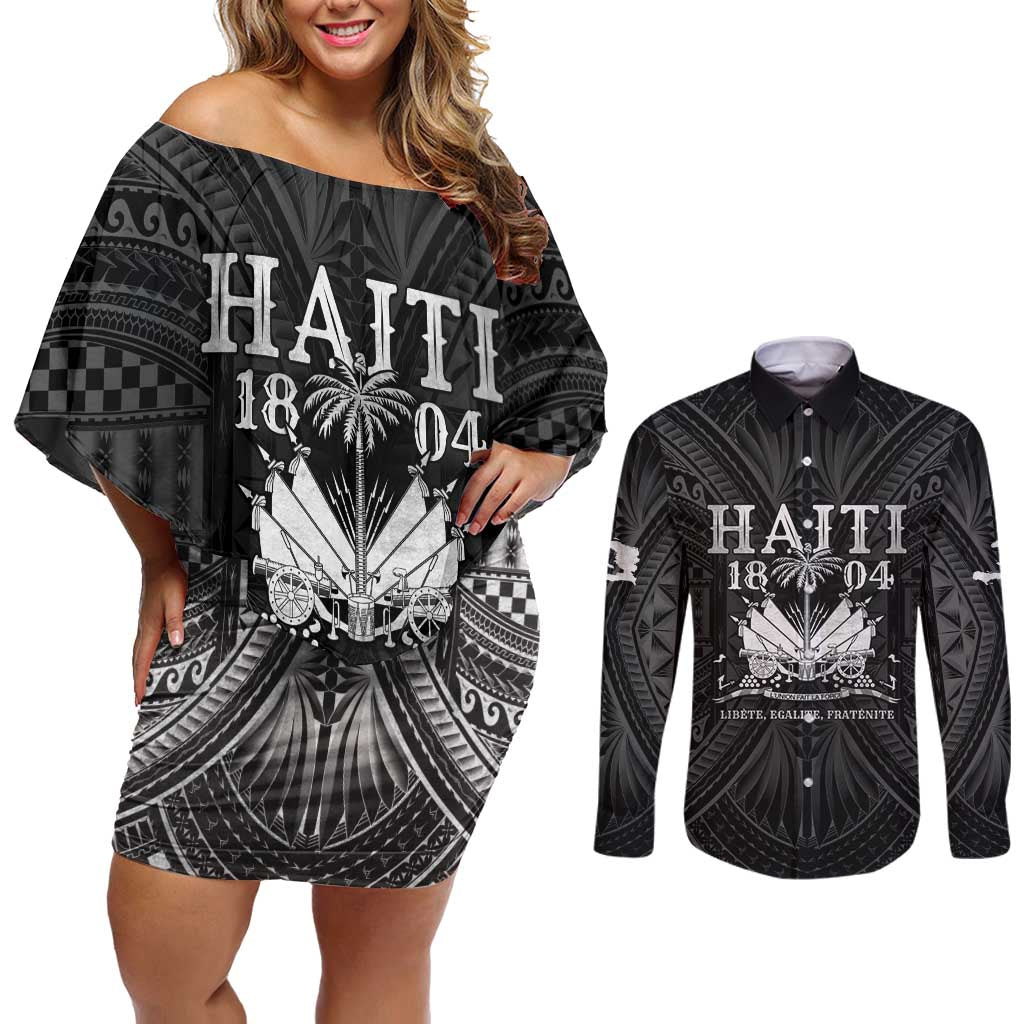 Haiti 1804 Couples Matching Off Shoulder Short Dress and Long Sleeve Button Shirt Polynesian Silver Neg Maron LT05 Silver - Polynesian Pride