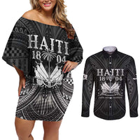 Haiti 1804 Couples Matching Off Shoulder Short Dress and Long Sleeve Button Shirt Polynesian Silver Neg Maron LT05 Silver - Polynesian Pride