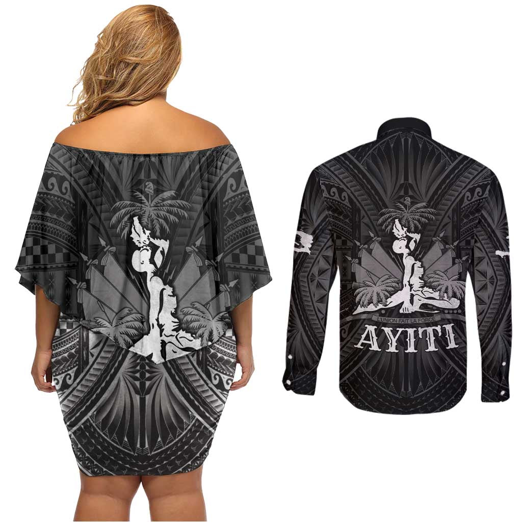 Haiti 1804 Couples Matching Off Shoulder Short Dress and Long Sleeve Button Shirt Polynesian Silver Neg Maron LT05 - Polynesian Pride