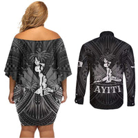 Haiti 1804 Couples Matching Off Shoulder Short Dress and Long Sleeve Button Shirt Polynesian Silver Neg Maron LT05 - Polynesian Pride
