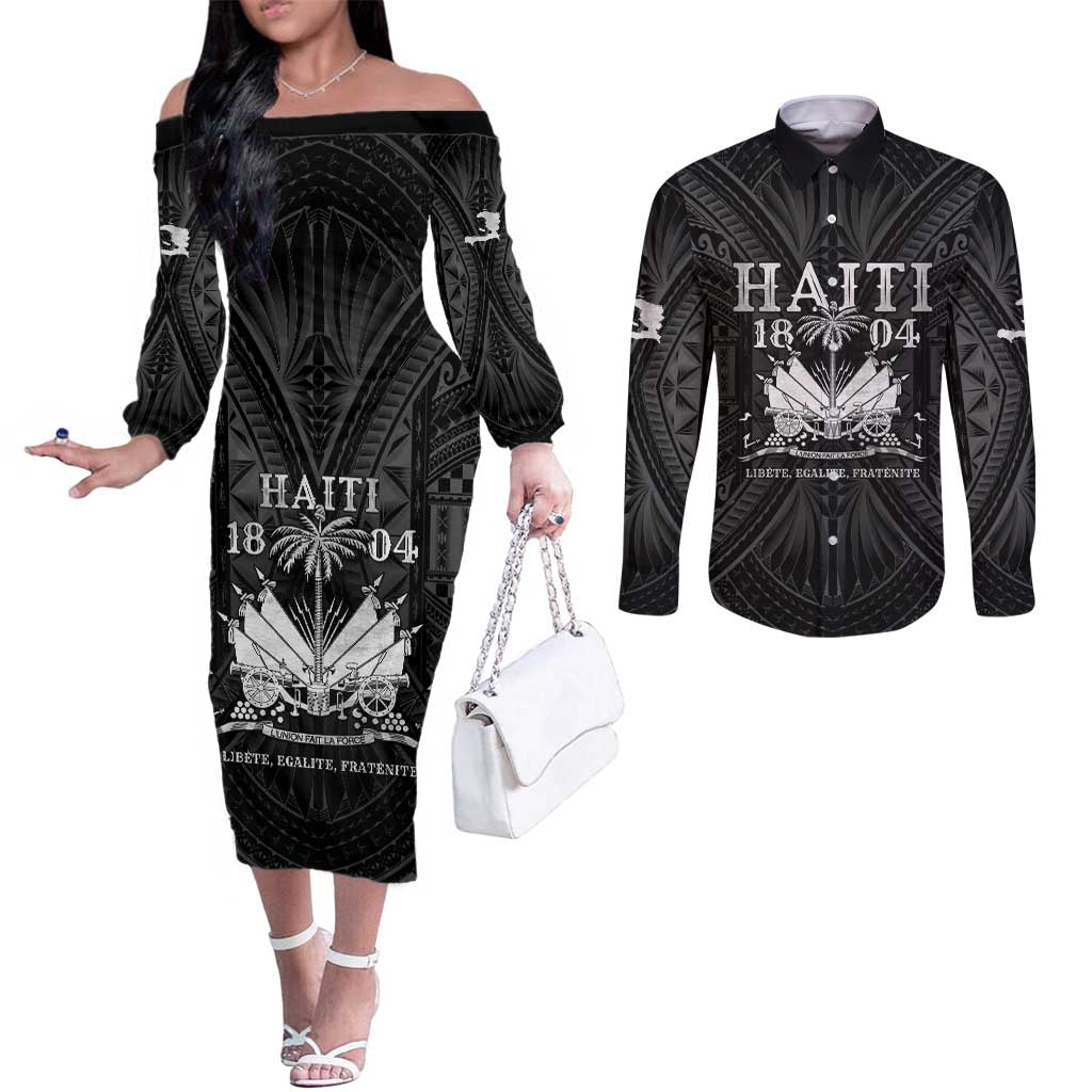 Haiti 1804 Couples Matching Off The Shoulder Long Sleeve Dress and Long Sleeve Button Shirt Polynesian Silver Neg Maron LT05 Silver - Polynesian Pride