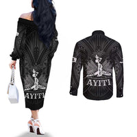 Haiti 1804 Couples Matching Off The Shoulder Long Sleeve Dress and Long Sleeve Button Shirt Polynesian Silver Neg Maron LT05 - Polynesian Pride