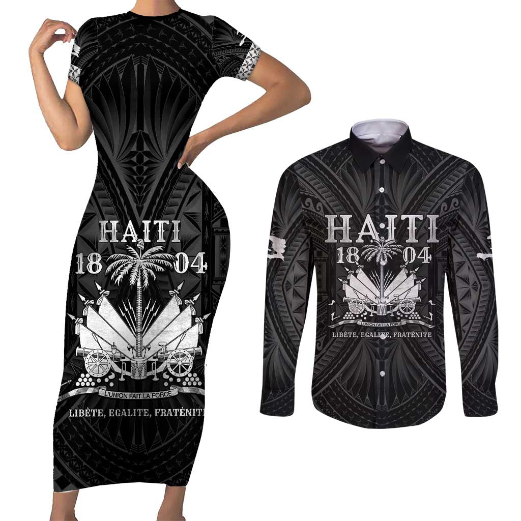 Haiti 1804 Couples Matching Short Sleeve Bodycon Dress and Long Sleeve Button Shirt Polynesian Silver Neg Maron LT05 Silver - Polynesian Pride