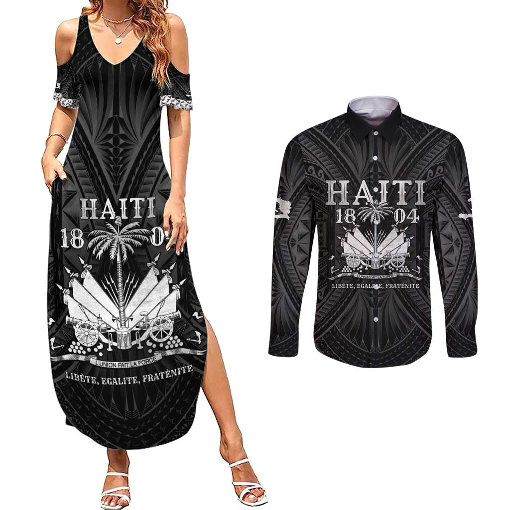 Haiti 1804 Couples Matching Summer Maxi Dress and Long Sleeve Button Shirt Polynesian Silver Neg Maron LT05 Silver - Polynesian Pride