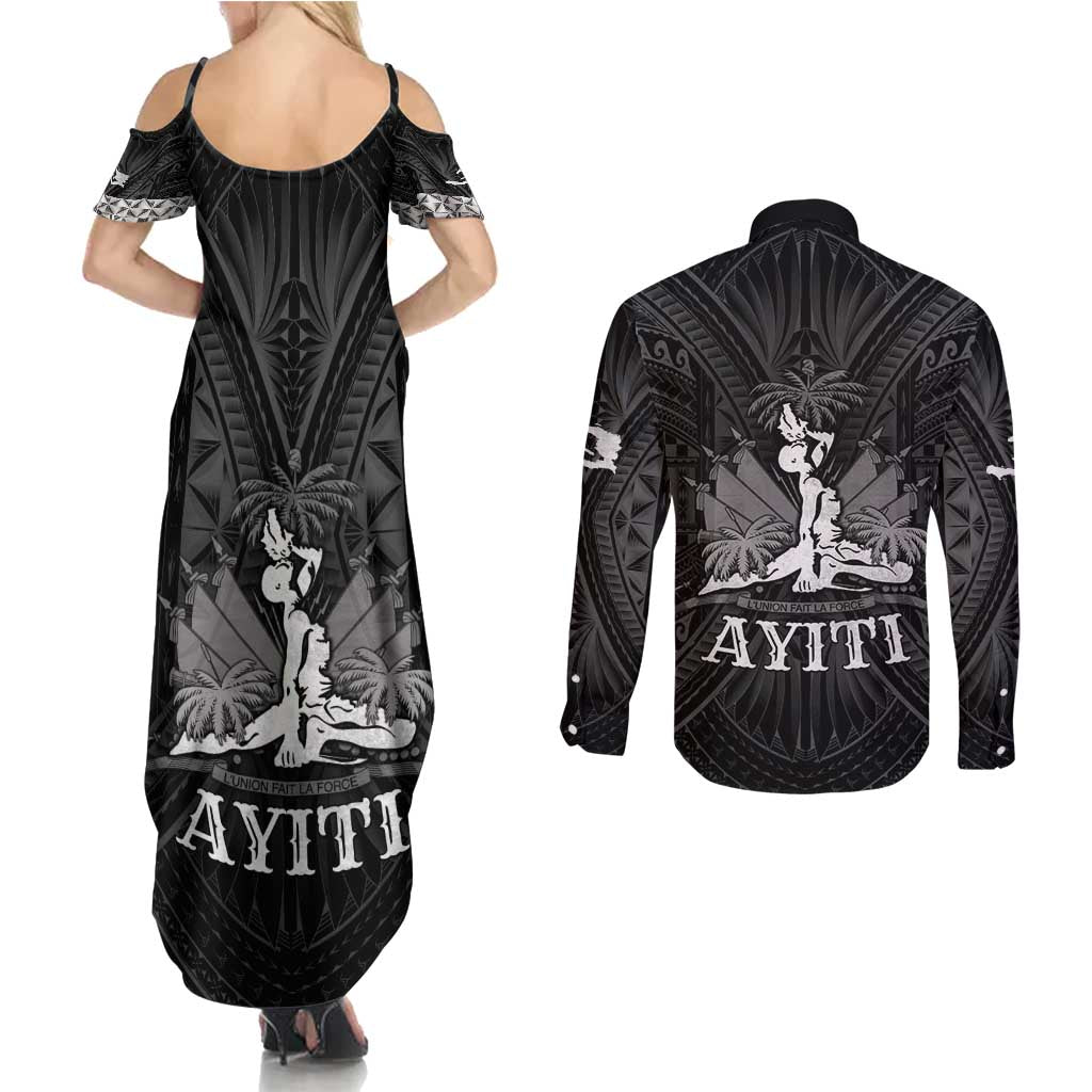 Haiti 1804 Couples Matching Summer Maxi Dress and Long Sleeve Button Shirt Polynesian Silver Neg Maron LT05 - Polynesian Pride