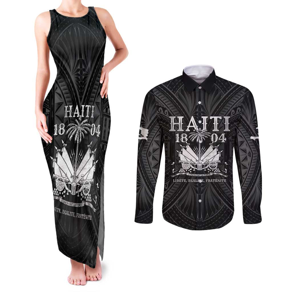 Haiti 1804 Couples Matching Tank Maxi Dress and Long Sleeve Button Shirt Polynesian Silver Neg Maron LT05 Silver - Polynesian Pride